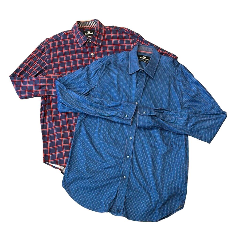 Bundle of 2 Buttercloth Men's Stretchy Cotton Button Down Shirt Size L